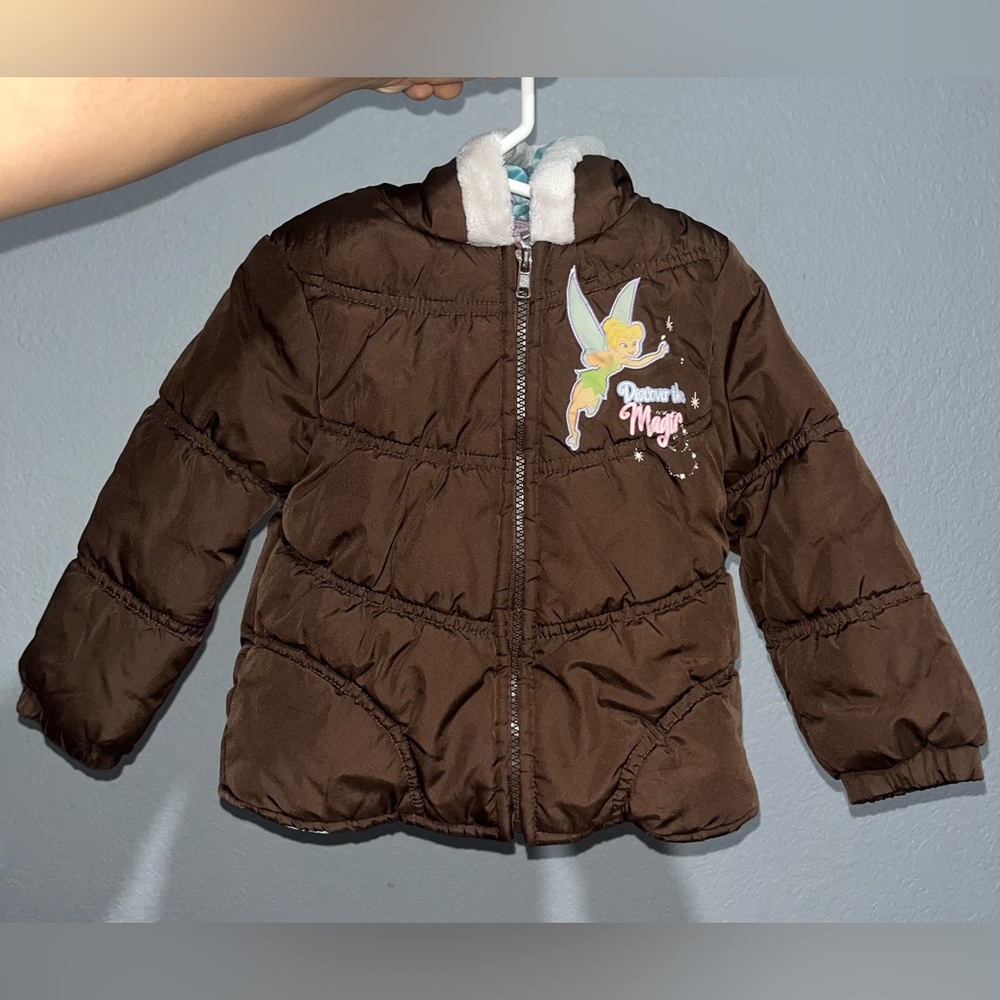 Disney Brown Tinker Bell Puffer Jacket with Fairy Design